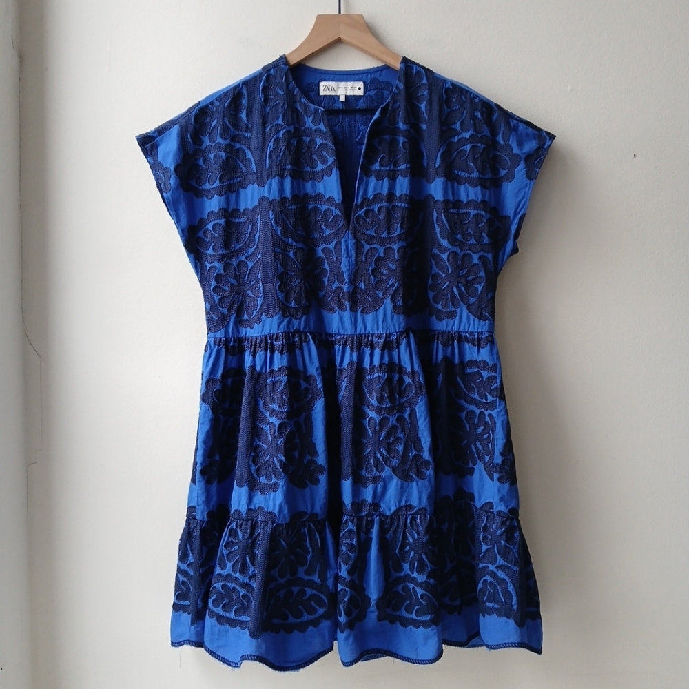 Zara Blue Dress with Navy Embroidery